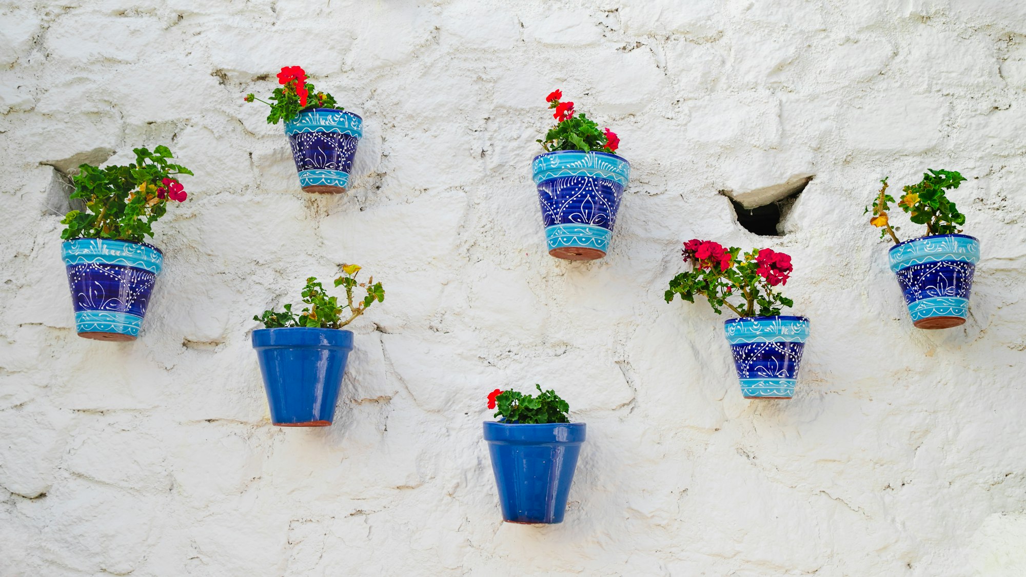 Muchas macetas sobre una pared blanca, decoración tradicional española en la ciudad de Mijas